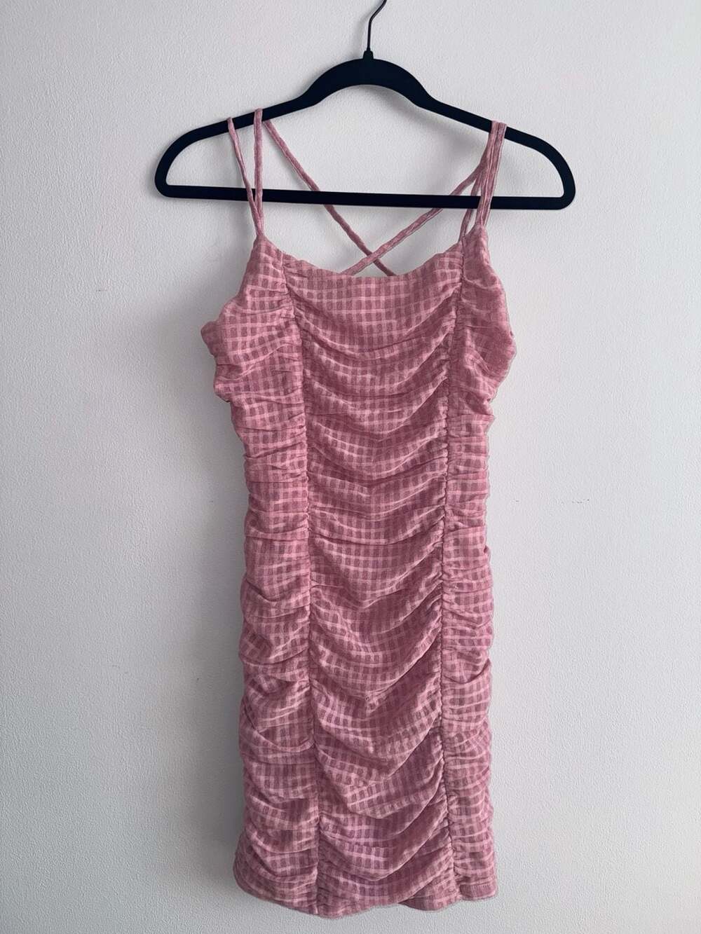 French Kiss Ruched Dress Size M Pink Gingham Mini Bodycon